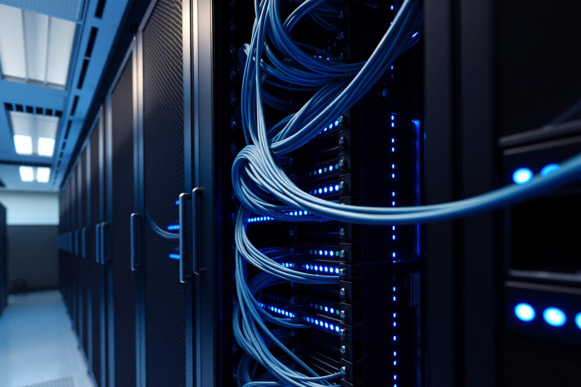 Modern data center server rack with structured network cabling